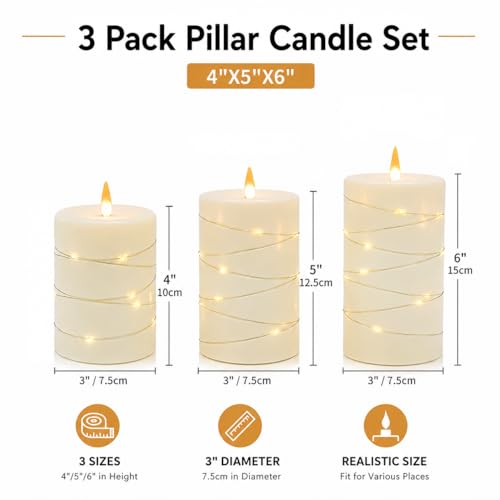 Flickering flameless Candles with String Lights, Battery-Powered, LED Pillar Candles, Candle Set with Remote Control and Timer, 3-piece Candle Set in Ivory White - color: Off-White