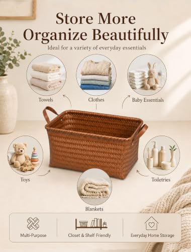 Wicker Storage Baskets, 4 Pack Woven Baskets for Shelves, Brown - color: Rectangle Brown