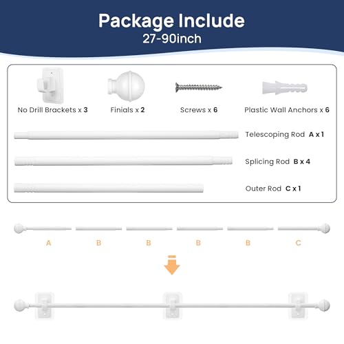 ENJOYBASICS Curtain Rods No Drilling for Renter, 28-84" Adjustable, White - color: White, size: 27-90"