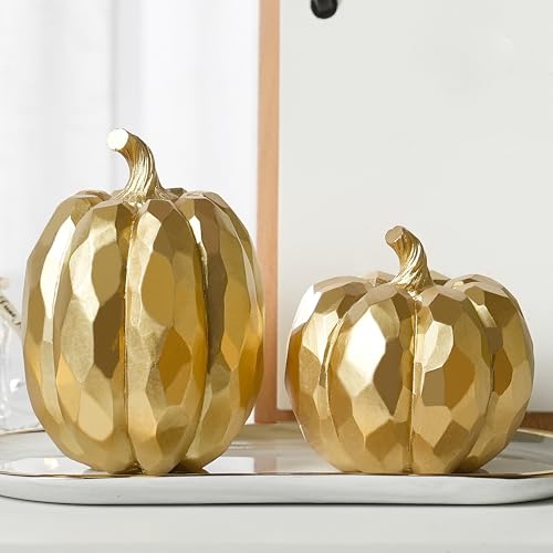 FESTGLOX Pumpkin Decor Fall Decoration, Resin Gold Pumpkins for Decorating - color: Elegant Gold-2pcs