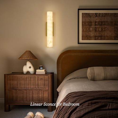 Alabaster Wall Sconce, 20in Linear Gold Brass Wall Sconces, Luxury Marble Look Bathroom Vanity Light, 3000K Dimmable Hardwired Wall Lamp for Living Room Bedroom Hallway, 1 Pack, Faux Alabaster - color: Gold-20in-1pcs