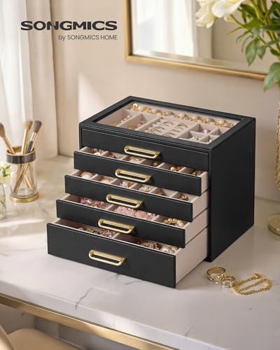 SONGMICS 5-Layer Jewelry Box with Glass Window, 5 Drawers, Golden Handles - color: Black, size: 5-Tier