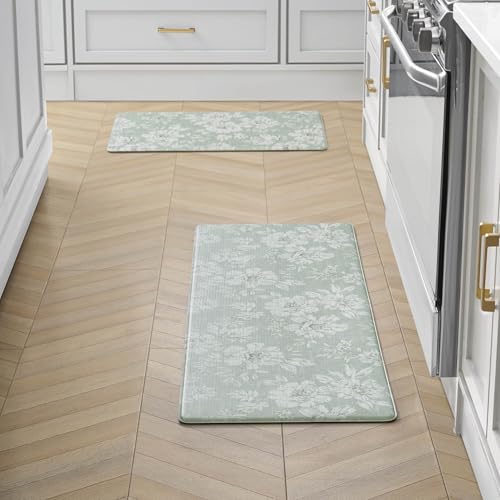Laura Ashley - Anti-Fatigue Kitchen Mat, Iris Floral Design, Stain, Water & Fade Resistant, Cooking & Standing Relief, Non-Slip Backing, 2 Piece Set, Sage Green Iris - color: Sage Green, size: 48"L x 17.5"W / 28"L x 17.5"W