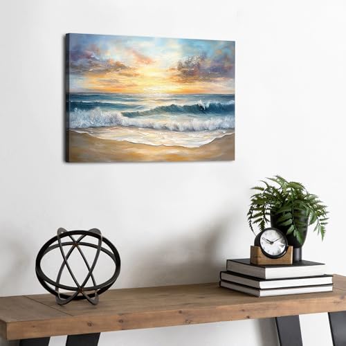 Beach Wall Art Sunset Beach Bathroom Decor Abstract Ocean Landscape Painting Poster Nature Coastal Canvas Prints Modern Ocean Waves Seascape Artwork for Kitchen Living Room Home Decoration 12x16" - color: Ocean, size: 16"L x 12"W