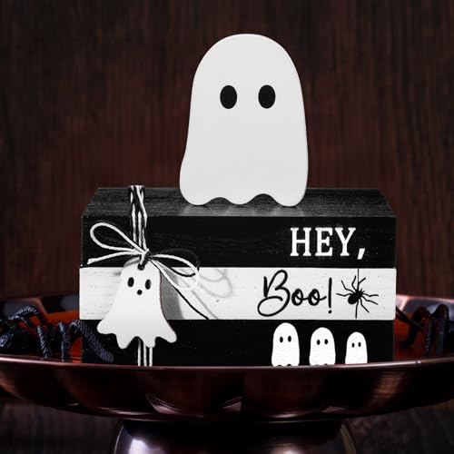 GlikCeil 4 Pcs Halloween Ghost Table Decorations Spooky Wooden Signs,White - color: Black and White