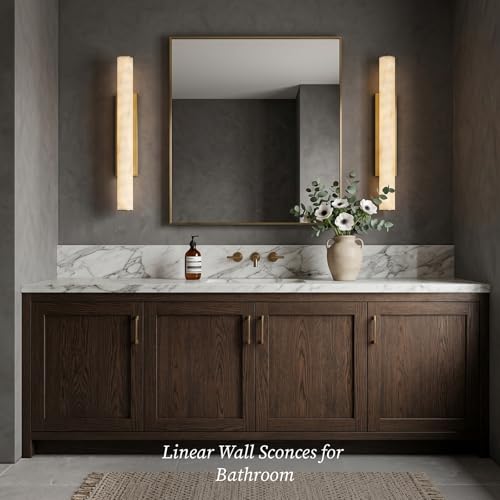 Artisan Alabaster Wall Sconces Set of 2, 36in Long Brass Linear Sconce, Faux Alabaster Bathroom Vanity Lights, 3000K Dimmable Gold Modern Wall Light for Bedroom, Living Room, Hallway, Stairs - color: Gold-36in-2Pcs
