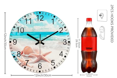 12 Inch Thick Glass Wall Clock - Wall Clocks Battery Operated with Unique Exclusive Beach Shell Design Silent Non Ticking Analog Clock for Bedroom, Living Room, Office, Classroom, Bathroom - color: Blue White, size: 12 Inch