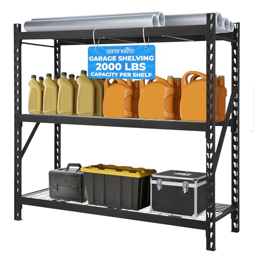 SereneLife Heavy Duty 3-Tier Metal Garage Shelving | 24" x 77" x 72" Extra Wide Adjustable Storage Utility | Freestanding Bulk Storage Rack | Open Wire Mesh Design | 2000 lbs. Capacity