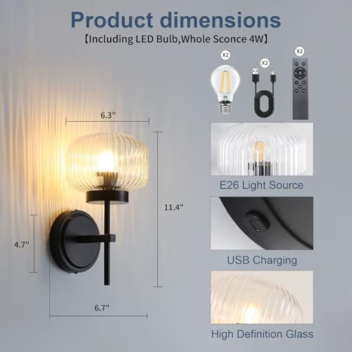 Battery Operated Wall Sconces Set of Two Rechargeable Battery Powered Gold Wall Light Fixtures with Remote Control Globe Glass Dimmable for Living Room Bedroom Mirror Hallway (2 Pack) - color: Black