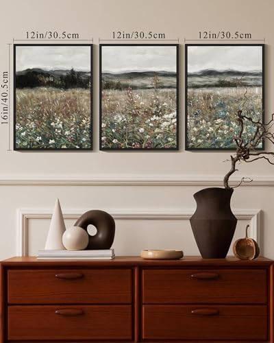 SHENIFY Vintage Landscape Framed Wall Art Meadow Flowers Farmhouse Decor Retro Classic Painting for Kitchen Living Room Bedroom Bathroom - 12x16in3pcs Black Framed - color: Black, size: 16L" x 12W" x 3PCS