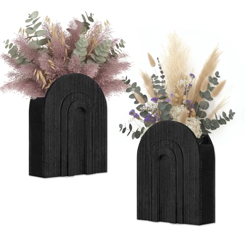 2 Pack Black Wooden Wall Vase for Pampas Grass and Dried Flowers - color: Black-black