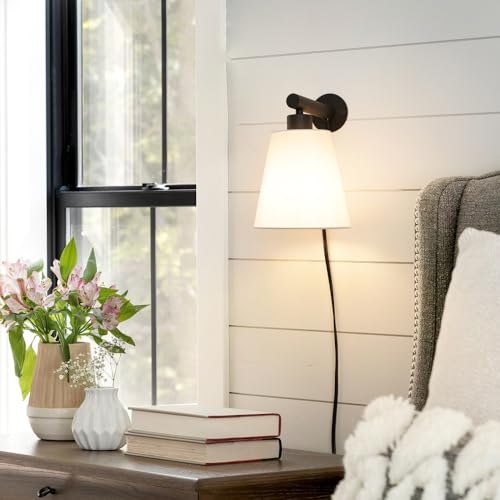 Plug in Wall Sconces Set of Two, Wall Lamp with Plug in Cord, Black Wall Sconce Light Plug in, Bedside Wall Mounted Light with Fabric Linen Shade, Plug in Wall Decor for Bedroom Living Room - color: Black, size: 6.3in-A