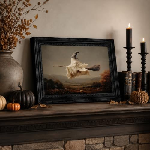 Framed Ghost Halloween Canvas Wall Art Witchy Broom Wall Decor 9x11 Inch