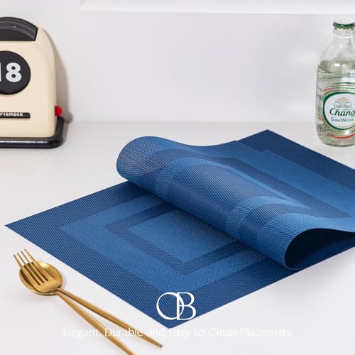 Placemats Set of 6 - Easy Clean Woven Vinyl Placemats for Dining Table, Indoor/Outdoor Place Mats, Washable PVC Table Mats(Navy Cube) - color: C-navy Cube
