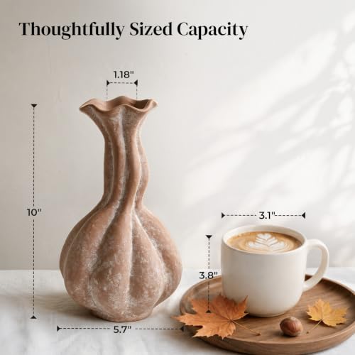 DOWAN Ceramic Flower Vase, Decorative Pampas Vase for Home Decor, Modern Farmhouse Pottery Vase for Living Room Table Kitchen Bedroom Coffee Desk Entryway Mantel Book Shelf (Brown, 10 INCH) - color: Brown, size: 10 INCH