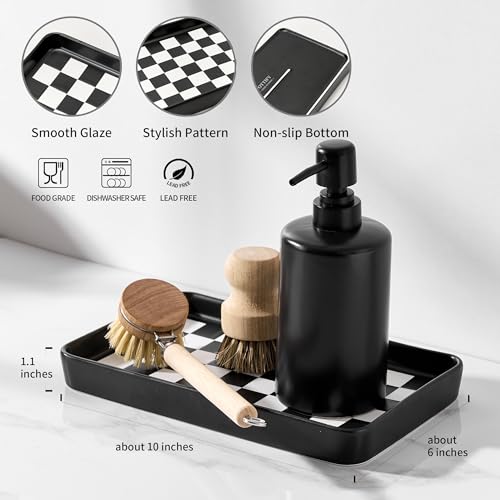 10"×6"×1" Texture Checkered Surface Bathroom Vanity Tray for Countertop- Ceramic Decorative Organizer Tray for Dresser Top, Toilet, Perfume, Sponge Holder Soap Dish Dispenser for Kitchen Counter - color: Black Color With Checkered Pattern-1 Pc