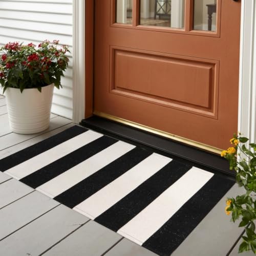 LEEVAN Black and White Striped Rug 2x3 Washable Welcome Go Away Door Mat - color: Black and White (Thick Stripe), size: 2' x 3' (Rectangular)