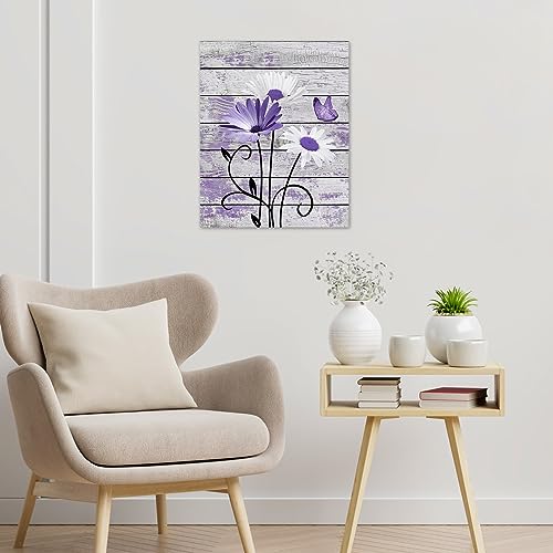 HVEST Farmhouse Floral Wall Art for Living Room, Purple and White Daisy Flower and Butterfly on Rustic Wood Board Canvas Wall Art Framed Artwork Ready to Hang for Bathroom Bedroom Decor, 16L X 12W - color: Purple, size: 16"L x 12"W