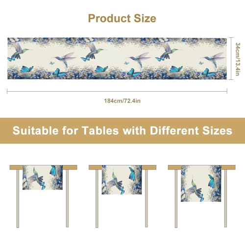Hummingbird Flower Table Runner, Watercolor Spring Garden Theme Blue Flowers Butterfly Hummingbird Patterns Printed Linen Table Runner for Home Kitchen Dining Table Decoration 13x36 Inch - color: Style-45, size: 13"W x 36"L (Pack of 1)