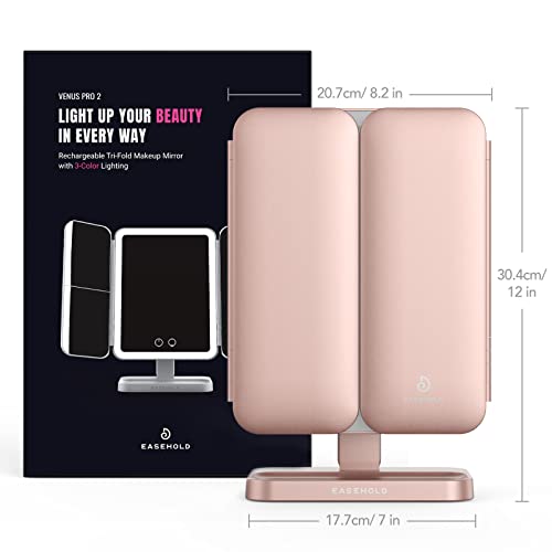 EASEHOLD Trifold Lighted Makeup Vanity Mirror with Lights and Magnification - color: Rose Gold - Rechargeable-5000 Mah-3 Sides Light