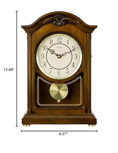 DODEKA Wooden Mantel Clock TCW004DB Pendulum Carved Case Hourly Chime Classic Melody Antique Style for Fireplace, Table, Bedroom, Living Room