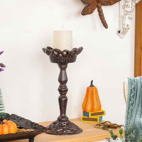 Sungmor Vintage Cast Iron Pillar Candle Holder, 8.5in Tall Dark Brown - color: Dark Brown