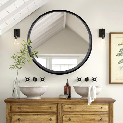 Round Oak Solid Wood Mirror, 24-Inch, Black Narrow-Top Wide-Bottom Frame, Modern Decorative Makeup Mirror for Bathroom, Bedroom, Living Room(Black, 24" x 24") - color: Black(wide-bottom)