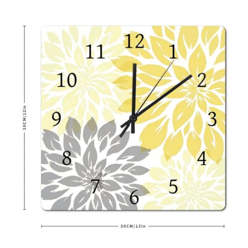 Modern Dahlia Flowers Yellow and Gray Grey Square Decorative Wooden Wall Clock - 12 Inch Wall Clock Clocks Wall Decor 12 Inch Battery Operated Decorative Wall Clock Silent Wood Wall Clock - color: A11-3, size: 12x12in