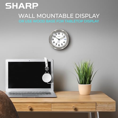 Sharp Silent Sweep Non-Ticking Analog Alarm Desk Metal Clock, Wood Stand