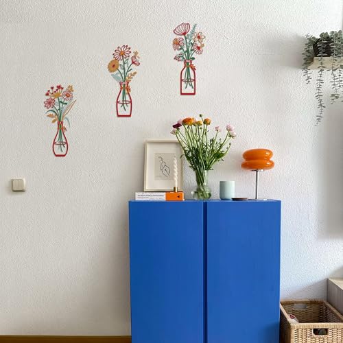 3 Pieces Metal Flowers Wall Art Decor, House Minimalist Bathroom Wall Decors Sculptures for Living Room Dining Room Bedroom Housewarming Gifts - color: Red-yellow