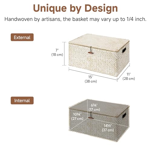 StorageWorks Wicker Basket with Lid, Storage Baskets with Lids, White - color: White(Seagrass), size: 15"L × 11"W × 7"H