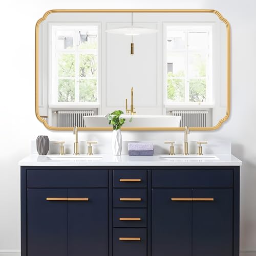 Ferytange 30"x48" Gold Bathroom Mirror for Wall, Large Brass Gold Bathroom Vanity Mirror for Over Sink, Rounded Rectangle Mirror in Premium Iron Metal Frame Hangs Horizontal Or Vertical - color: Gold, size: 48"L x 30"W