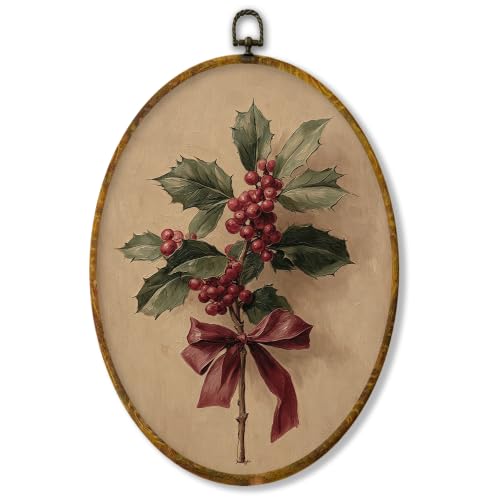 XPH Red Bow Holly Christmas Oval Wall Art Framed 8.6x11.4 Inch - color: Christmas56
