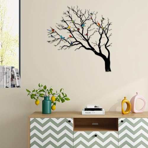 YIYA Colorful Birds on Tree Branch Metal Wall Art 3D Iron Sculpture