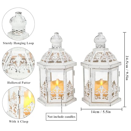 TRIROCKS Set of 2 Vintage Decorative Lanterns 9.5" H Hanging Lantern Metal Candleholder with Tempered Glass for Indoor Outdoor Home Decor Parties Garden Events Wedding(White with Grey Brush) - color: 9.5" H White