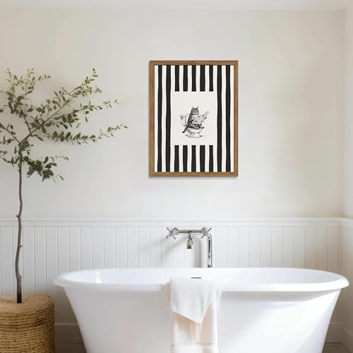 Framed Vintage Bathroom Cat Canvas Wall Art, Funny Black Sketch Cat Reading Newspaper on Toilet Print, Black White Striped Modern Artwork, Humorous Wall Decor for Bathroom Restroom Bedroom 16x24in - color: Black Cat on Toilet, size: 24"L x 16"W