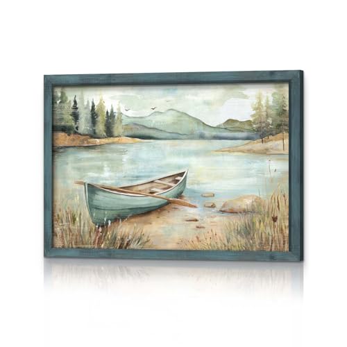 HILL WEST Country Lake Boat Landscape Framed Wall Art, 24x16inch - color: Boat, size: 24"L x 16"W