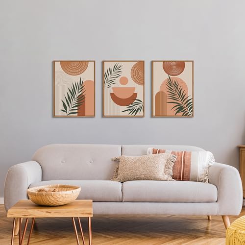 3 Pcs Terracotta Botanical Framed Canvas Wall Art Prints Abstract 16"x24" - color: Boho Terracotta Geometric Line Botanical, size: 16"x24"x3Pcs