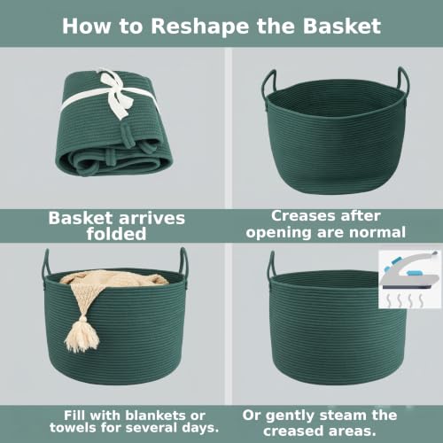 XUANGUO 66L Large Blanket Basket, Round Cotton Rope Basket, Dark Green - color: dark green