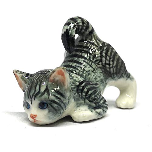 Handmade Ceramic Gray Miniature Tabby Cat Figurine, Shelf Decor
