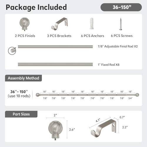 Silver Curtain Rods for Windows 72 to 144 Inch 7/8" Diameter - color: Silver, size: 36"-150"|1 Pack
