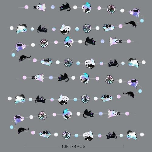Iridescent Black Halloween Decorations Holographic Ghost Black Cat Spider Web Polka Dot Paper Hanging Garland Streamer Banner for Halloween Birthday Bachelorette Wedding Shower Party Supplies - color: Iridescent Ghost Black Cat