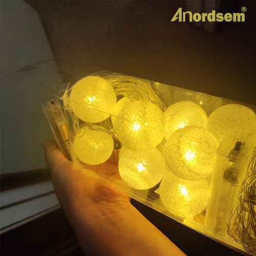 Anordsem Battery String Light Indoor: 6.88Ft/10 LED Cotton Ball Lanterns 2 Pack - Fairy Cozy Lighting Hanging Deco for Room Bedroom Party - Birthday Gifts for Babies Students Adults - color: White