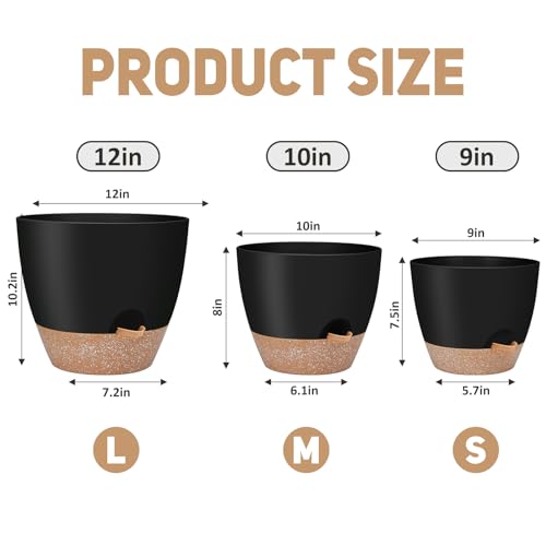 YNNICO 12" 10" 9" Large Self Watering Plant Pots for Indoor Outdoor Plants - color: Black, size: 12+10+9 Inch