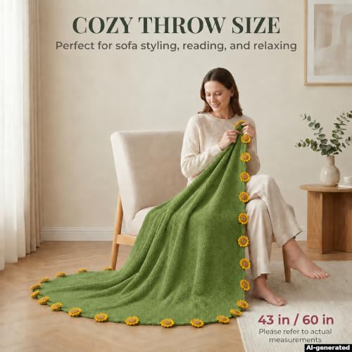 Sunflower Crochet Flower Bouquet Blanket, Handmade Knitted Throw Blanket - color: Green Sunflower, size: Large