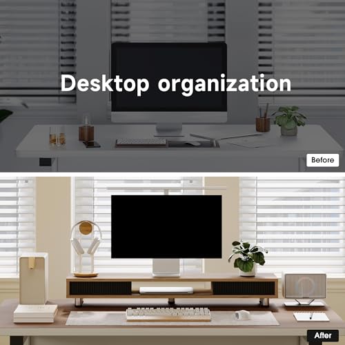 Fenge Dual Monitor Stand with Storage, Desk Shelf with Glass Sliding Door - color: Dark Oak