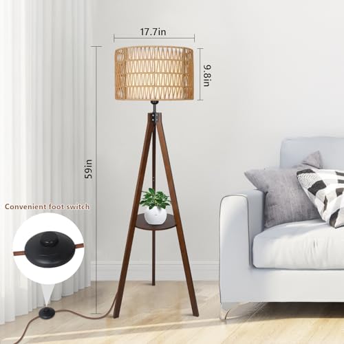 LAMSU Boho Tripod Floor Lamp with Shelves, Mid Century Wood Standing Lamp with Rattan & Fabric Shades, ON/Off Foot Switch, Modern Farmhouse Tall Floor Lamps for Living Room Bedroom Office - color: Walnut Brown
