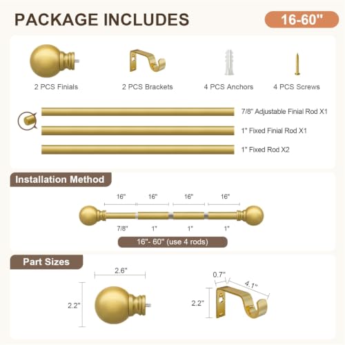 Modern Gold Curtain Rods for Windows 28 to 48 Inches Adjustable - color: Gold, size: 16"-60"|1 Pack