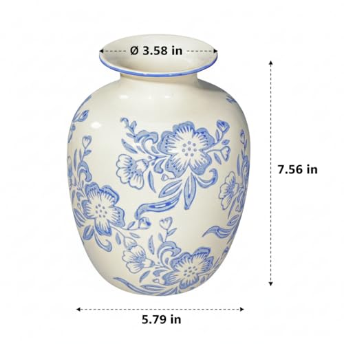 Blue and White Chinoiserie Vase for Home Decor- 7 Inch Ceramic Floral Vase for Pampas Grass, Night Stand, Coastal, Kitchen Island, Dining Table Decor - color: Blue and White