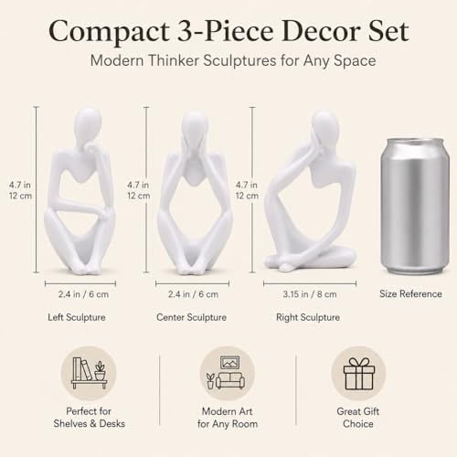 Thinker Statue Decor for TV Stand, Shelf, Desk, or Coffee Table - Set of 3 Resin Figurines for Living Room Decorative Objects, Modern Sculpture, Minimalist Bookcase Decor, Home Accents (White) - color: White